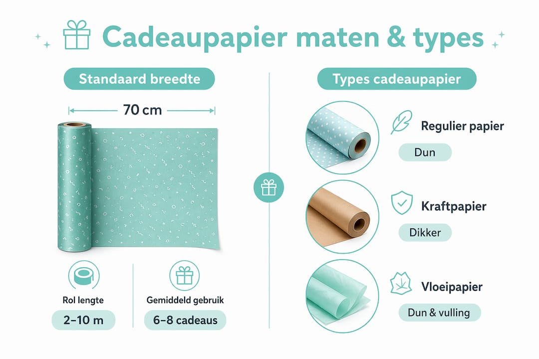 Overzichtelijke infographic met alle gangbare formaten en soorten cadeaupapier