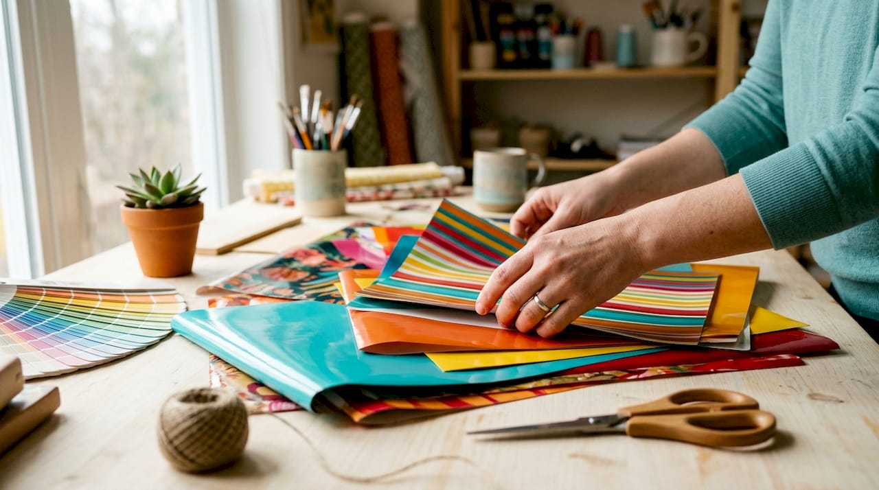 Handen die glanzend kunstpapier vasthouden en bekijken
