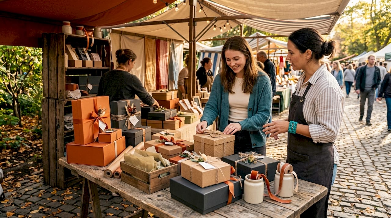 Sfeervolle close-up van luxe cadeauverpakkingen in de winkelpresentatie