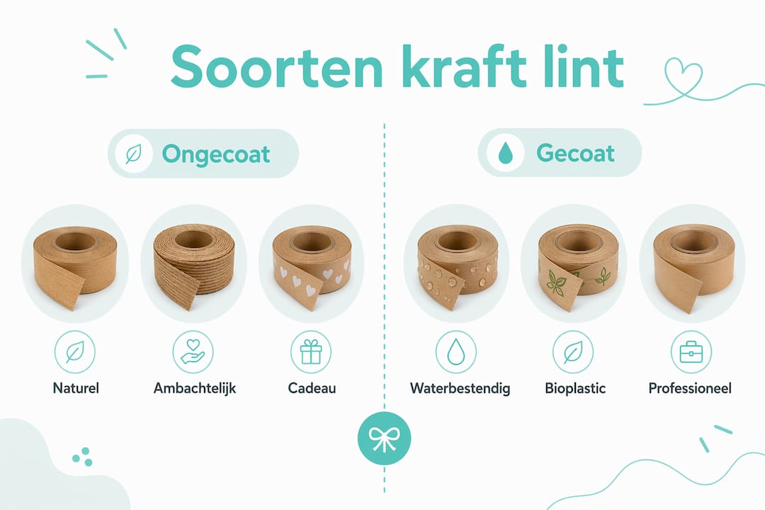 Overzichtelijke infographic met de verschillende soorten kraft lint op een rij