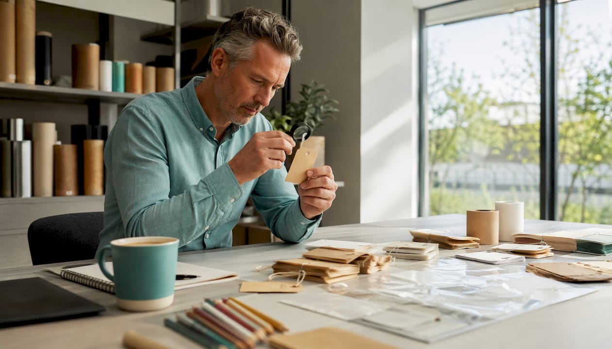 Man bekijkt verschillende soorten labelmateriaal op zijn bureau