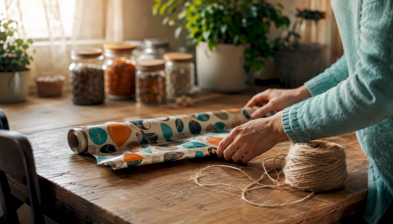 Er worden stukken duurzaam inpakpapier en een rol touw neergelegd, klaar om cadeaus milieuvriendelijk te verpakken.