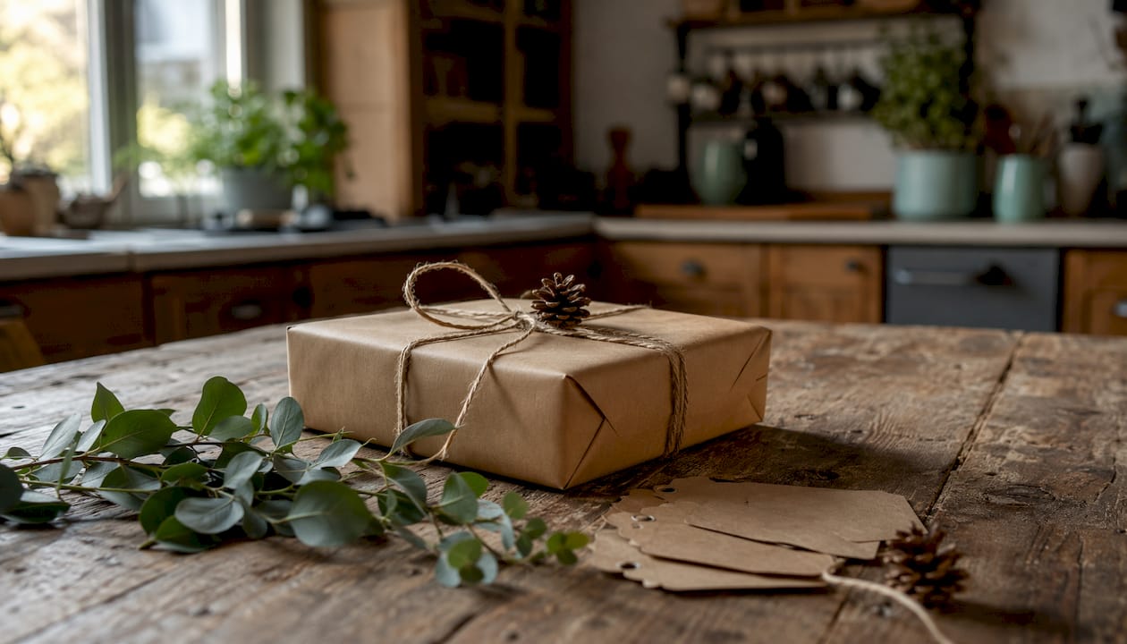 Een cadeau in een strak, eenvoudig jasje met een vleugje natuur als finishing touch.