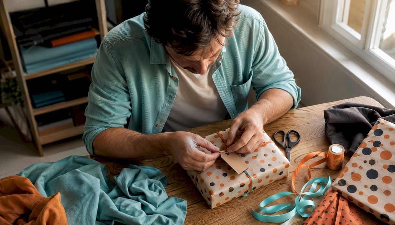 Een man maakt met aandacht een label vast aan een cadeau.