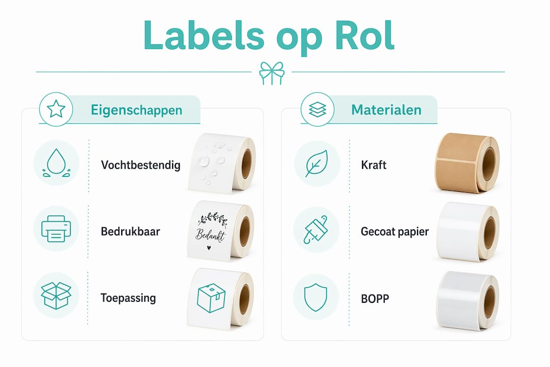 Overzichtelijke infographic met rollen labels, inclusief materiaalsoorten en specificaties
