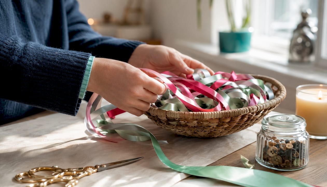 Een paar handen selecteert verschillende gekleurde linten die verspreid liggen op een vel papier.
