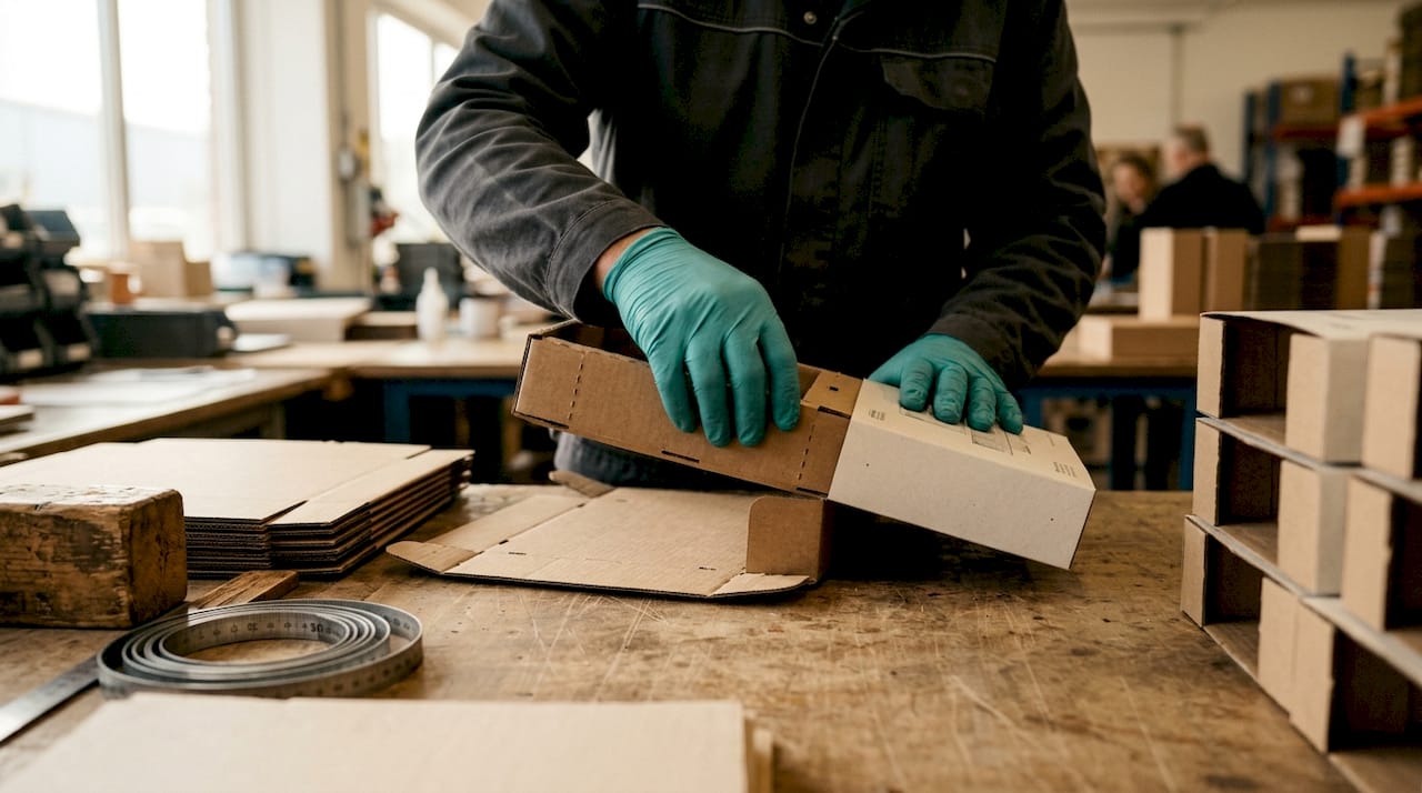Met de hand modulaire verpakkingsonderdelen in elkaar zetten