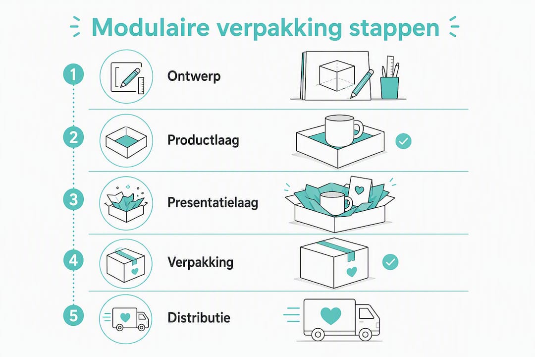 Overzicht van de stappen in het proces van modulaire verpakking, helder weergegeven in een infographic.