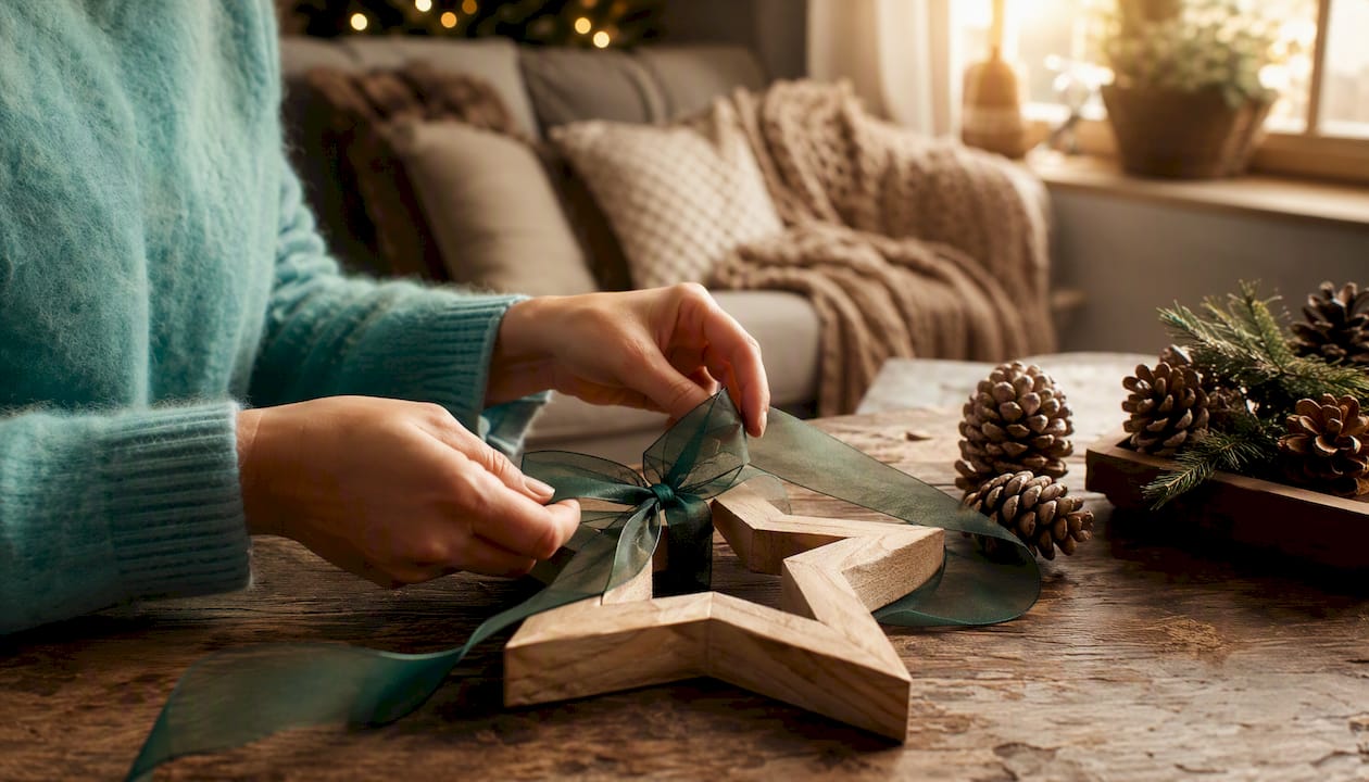 Met beide handen wordt een lint vastgemaakt aan een houten kerstster.