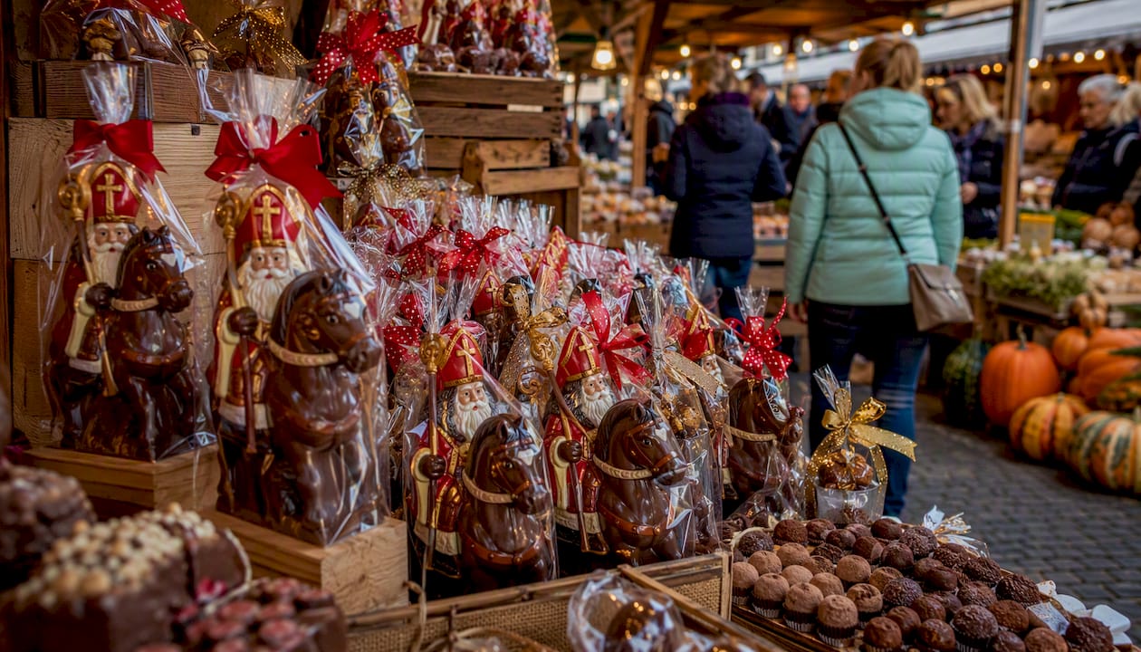 In de etalage staat een schitterende chocolade Sinterklaas te paard, een echte blikvanger voor de feestdagen.