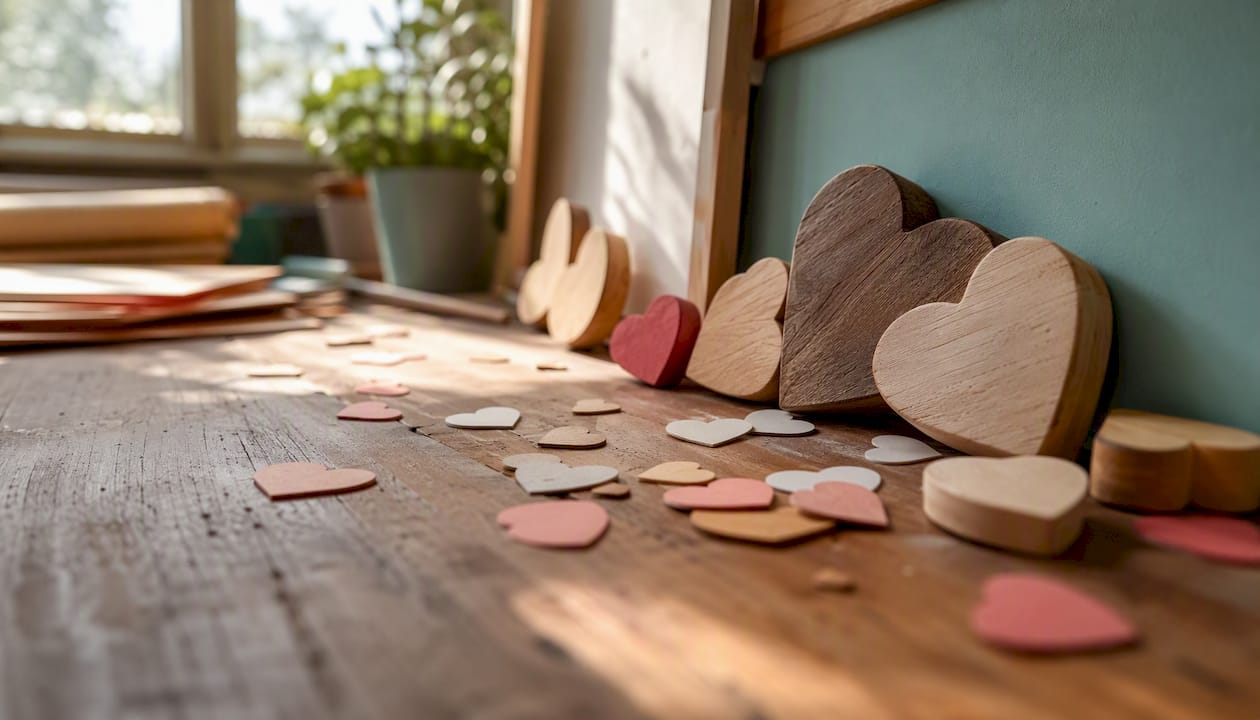 Sfeervolle houten harten in groot formaat en schattige papieren hartjes als decoratie