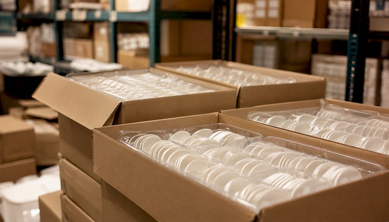 Dozen met grote hoeveelheden plastic lepels opgeslagen in het magazijn.