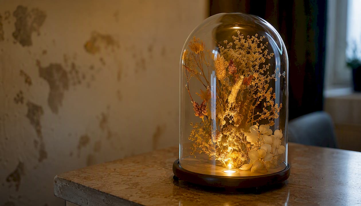 Een glazen stolp gevuld met sfeervolle droogbloemen en subtiele led-verlichting – een echte blikvanger voor in huis.