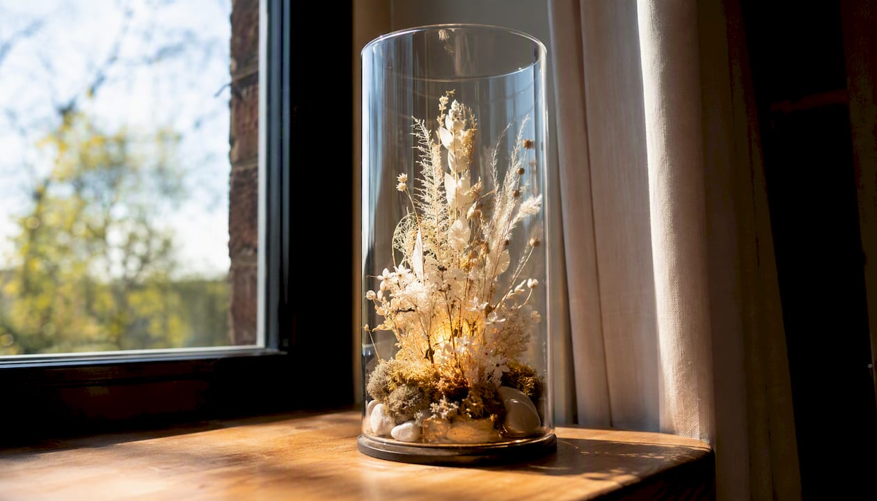 Stijlvolle glazen stolp van extra helder glas, gevuld met prachtige droogbloemen en sfeervolle LED-verlichting.