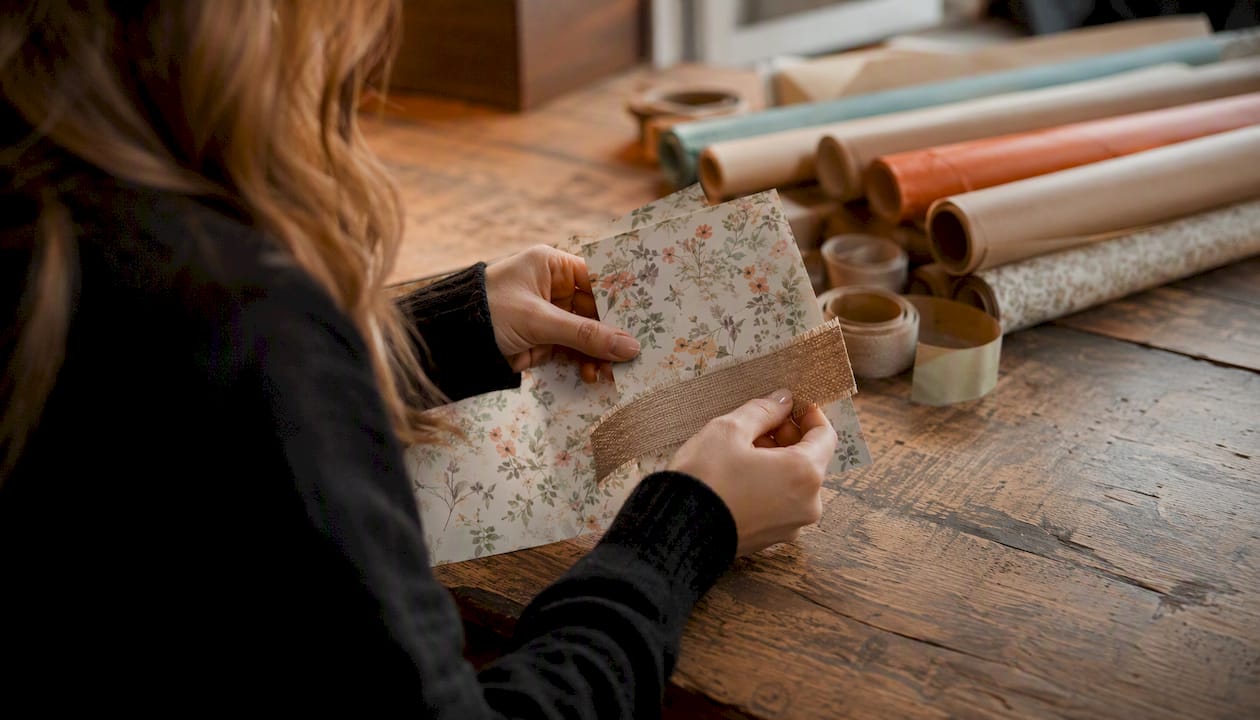 Handen die een stuk cadeaupapier met een bier-thema nauwkeurig bekijken