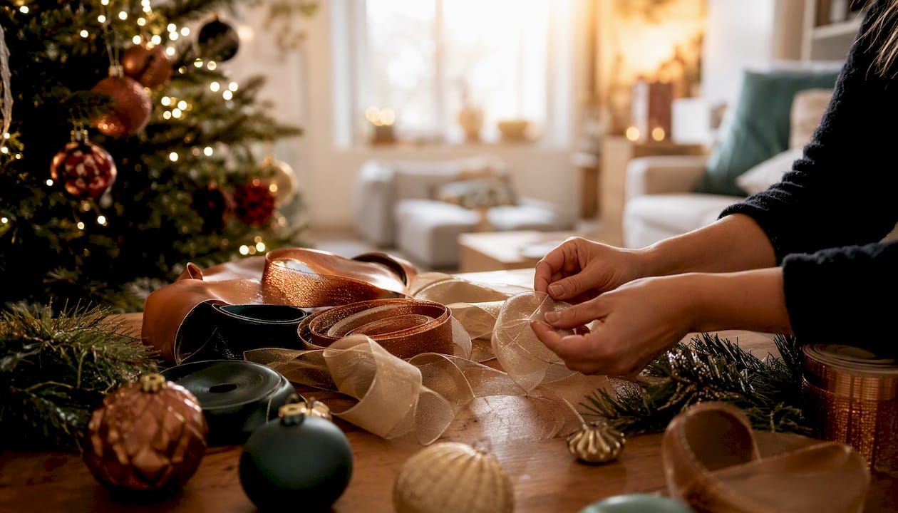 Detailopname van organzalintjes tussen de kerstboomversiering