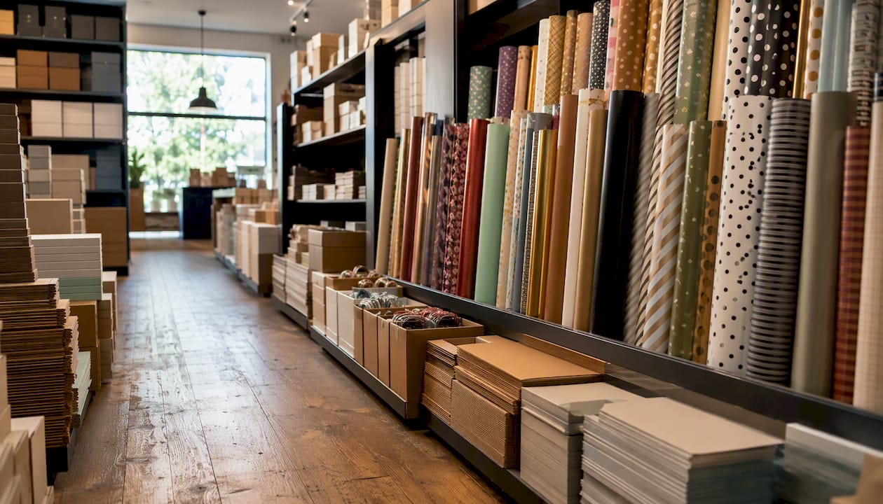 Het interieur van een groothandel waar de producten in hoge stapels zijn opgestapeld.