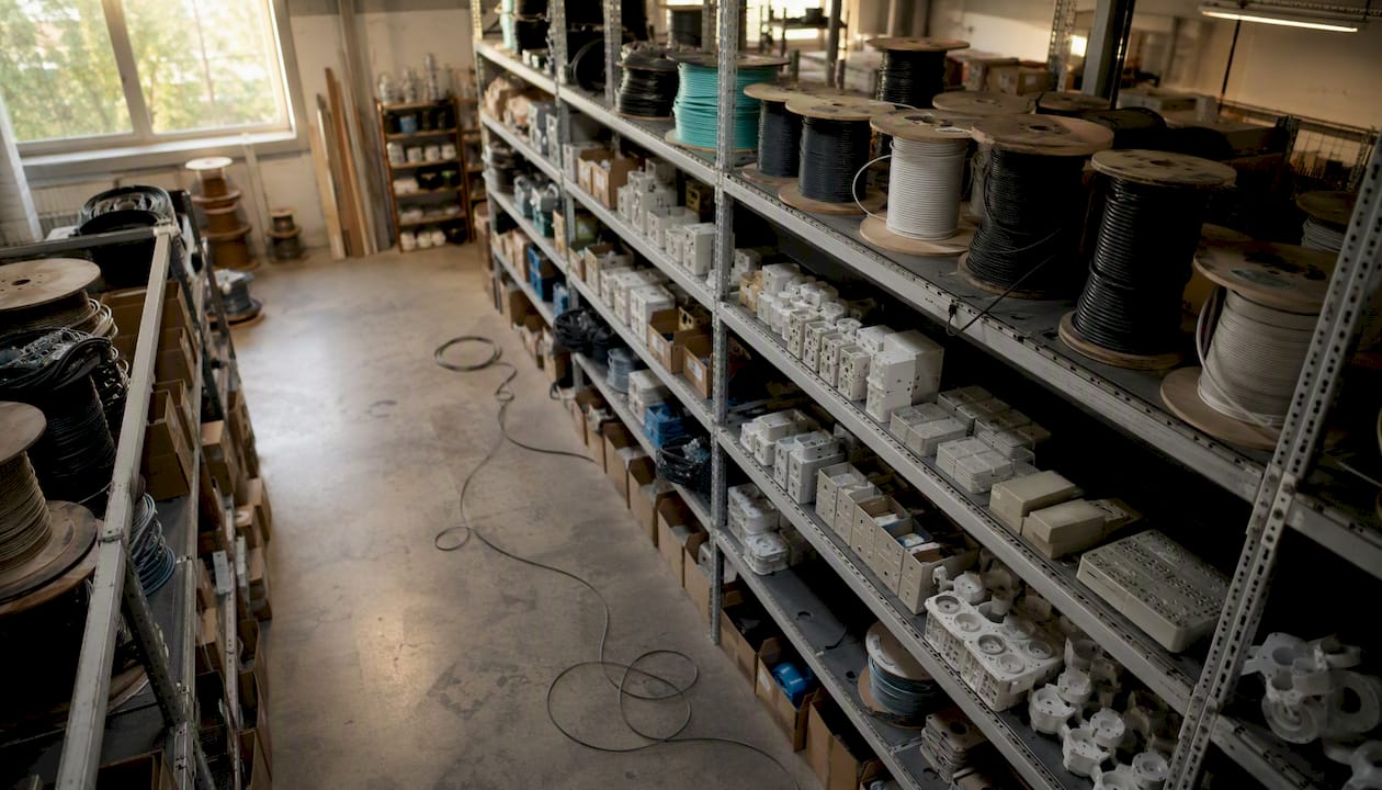 Installatiemateriaal netjes gesorteerd op rekken in het technisch magazijn.