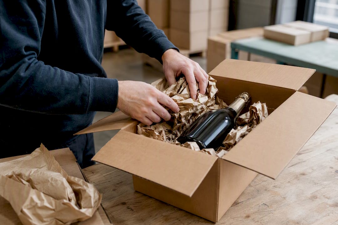Handen die beschermmateriaal voor verzending van een magnum verpakken