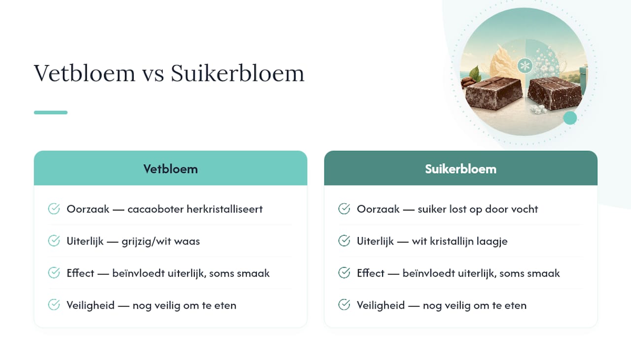 Diagram dat vetbloem en suikerbloem op chocolade vergelijkt