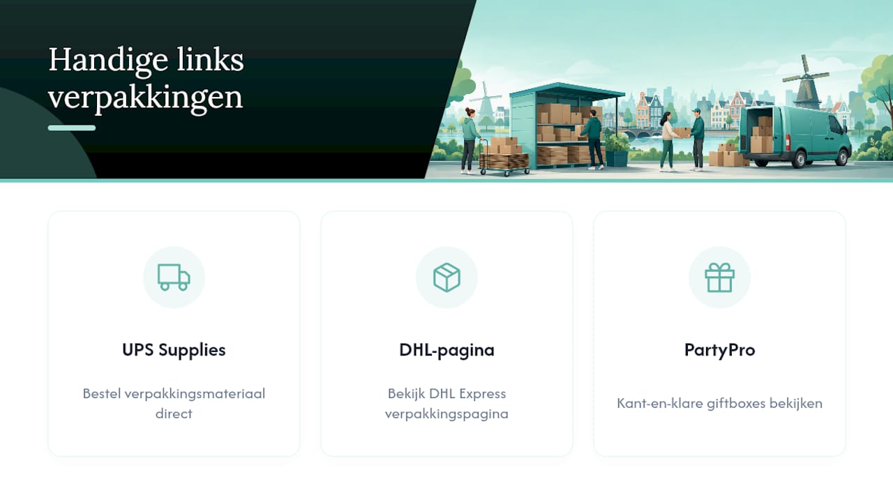 Handige links voor gratis verzendbenodigdheden — overview diagram