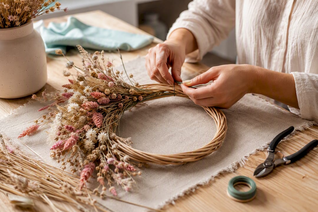 Iemand maakt een krans van droogbloemen