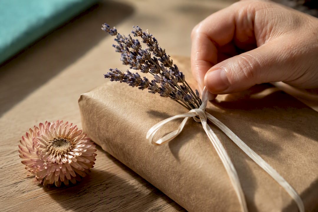 Een droogbloemtakje vastmaken aan een cadeau in kraftpapier
