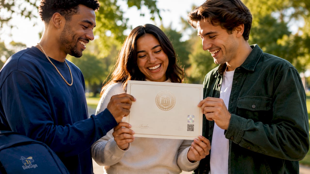 Hands holding digitally signed graduation certificate