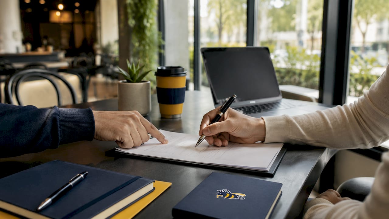 Overhead view of property signing appointment