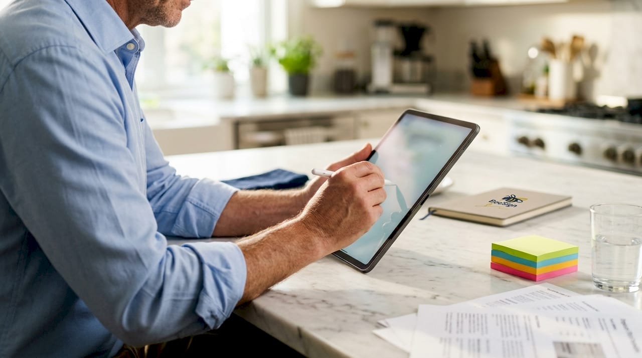 Close-up of hands holding tablet for e-signature