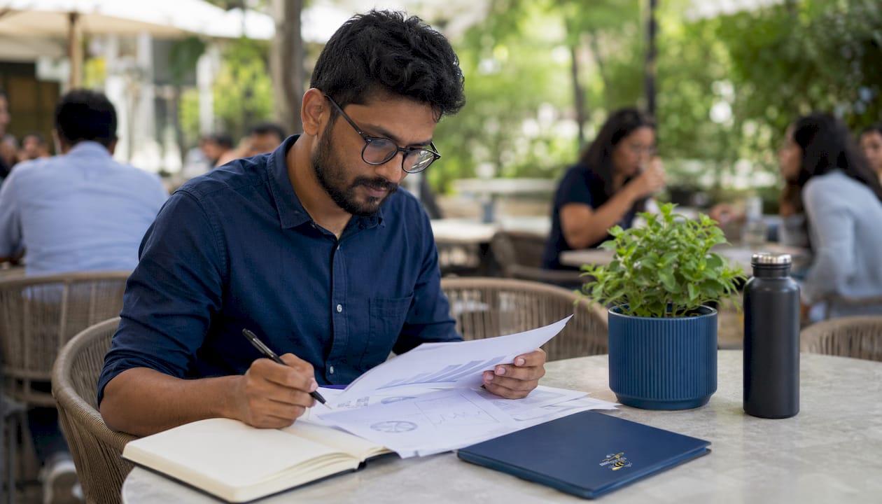 Man reviewing software features over documents in café