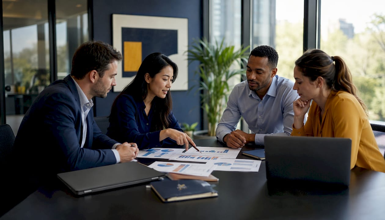 Team discussing vendor comparison documents