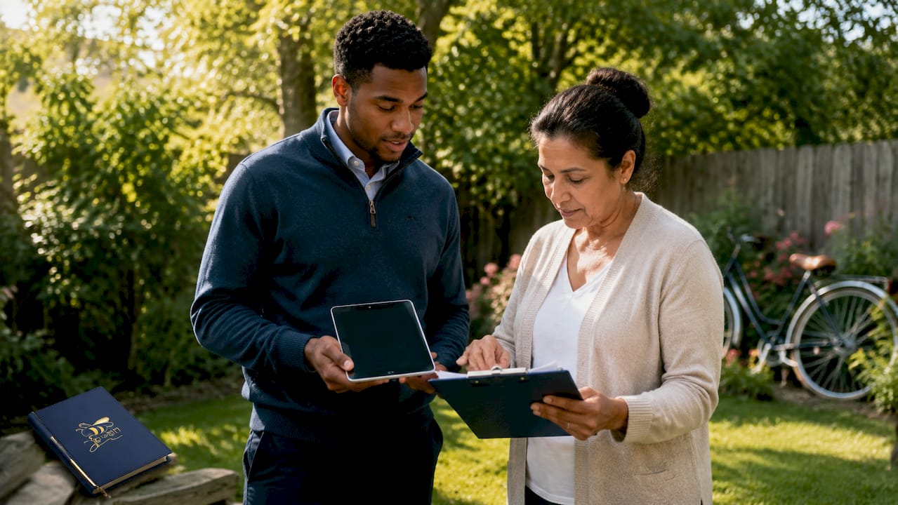 Property transaction discussion outdoors with digital tools