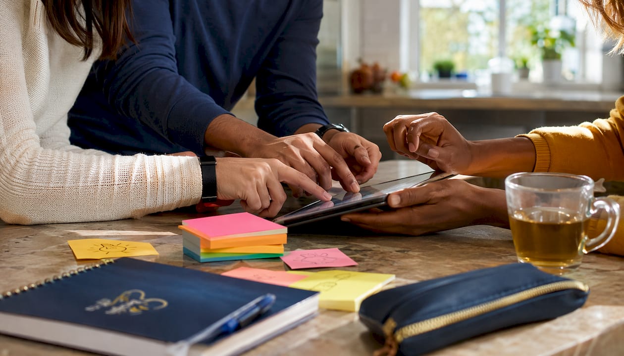 Diverse hands using tablet in café setting