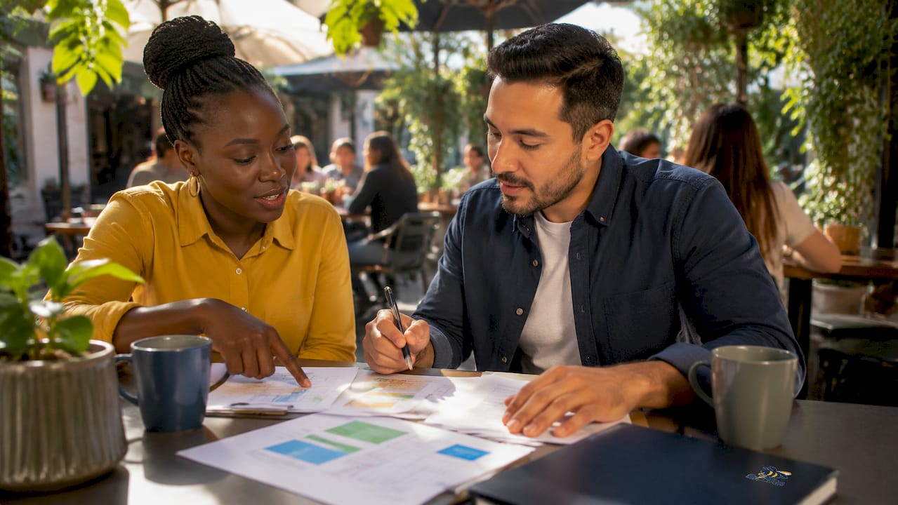 Hands pointing at printed digital signature workflow plans