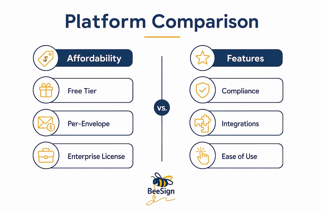 Infographic comparing features and pricing of e-signature platforms