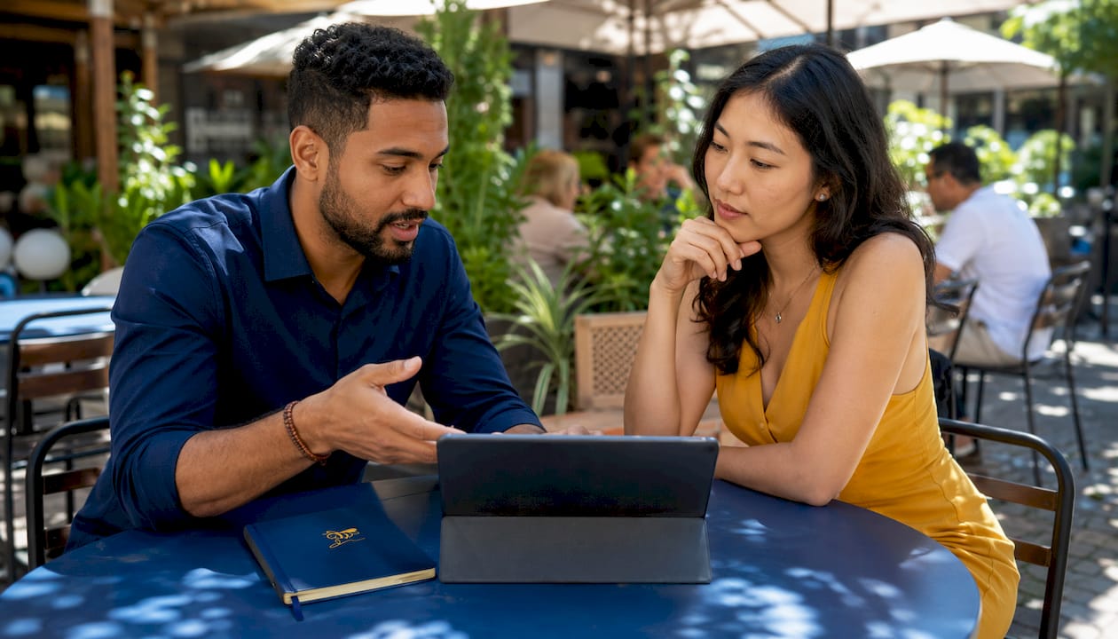 Colleagues discussing contract workflow on tablet