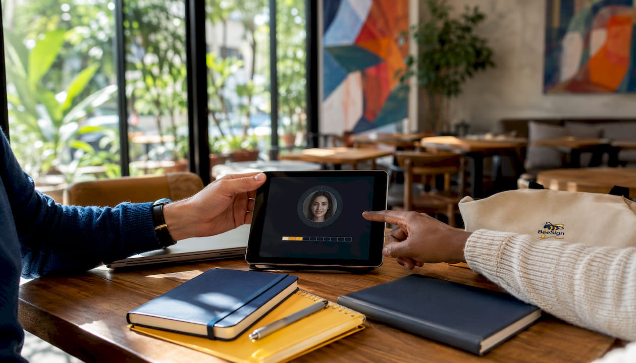 Close-up of hands using tablet for identity verification