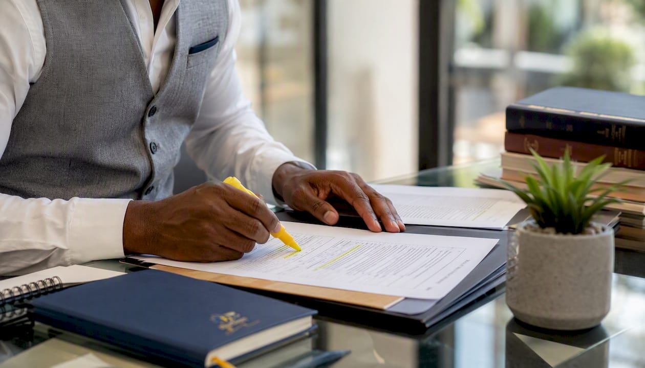 Hands marking compliance checklist on legal desk