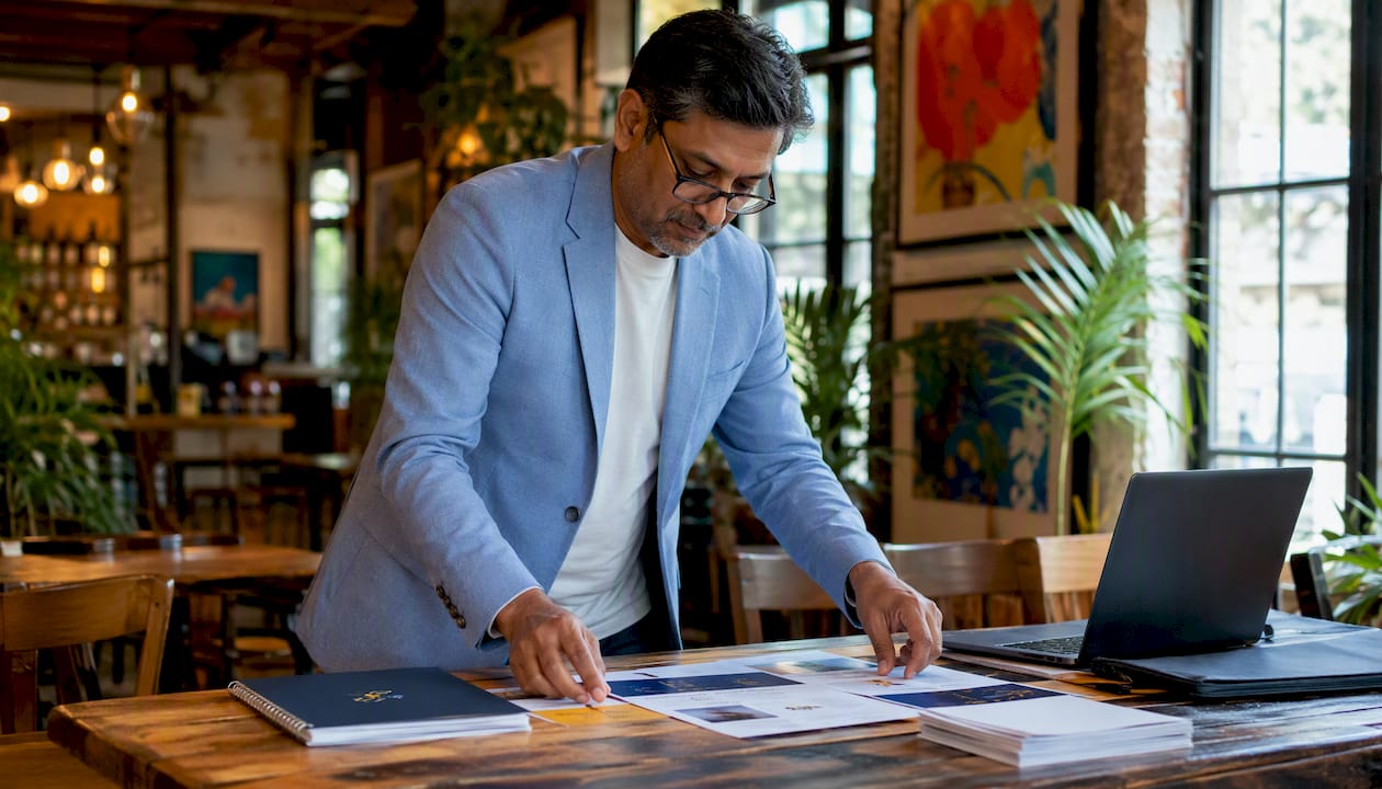 Manager organizing materials at home desk