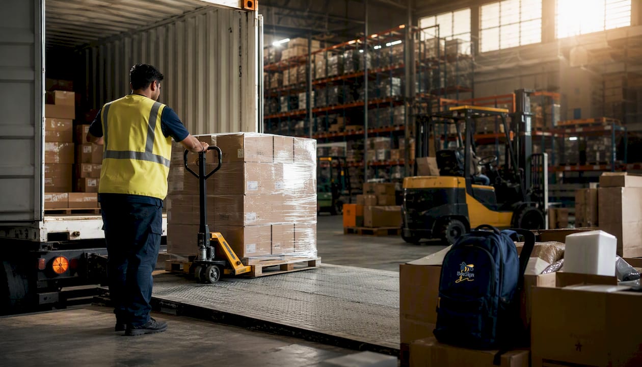 Warehouse workers unloading pallets with pallet jack