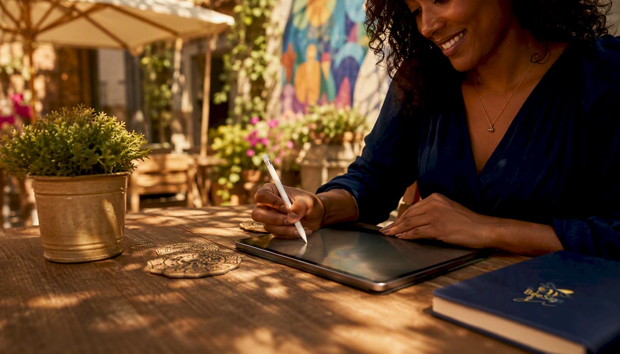 Hands digitally signing document on tablet