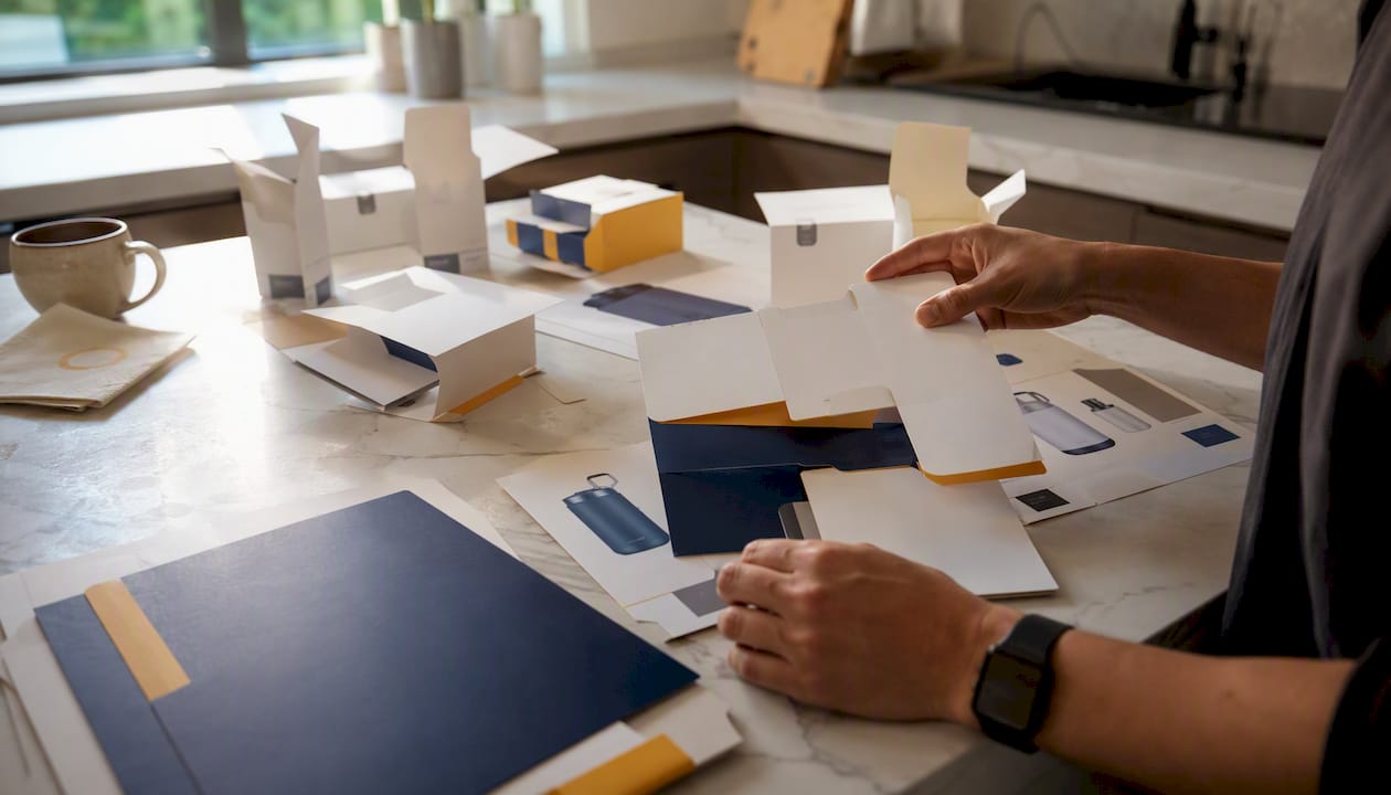 Hands adjusting product packaging mockups