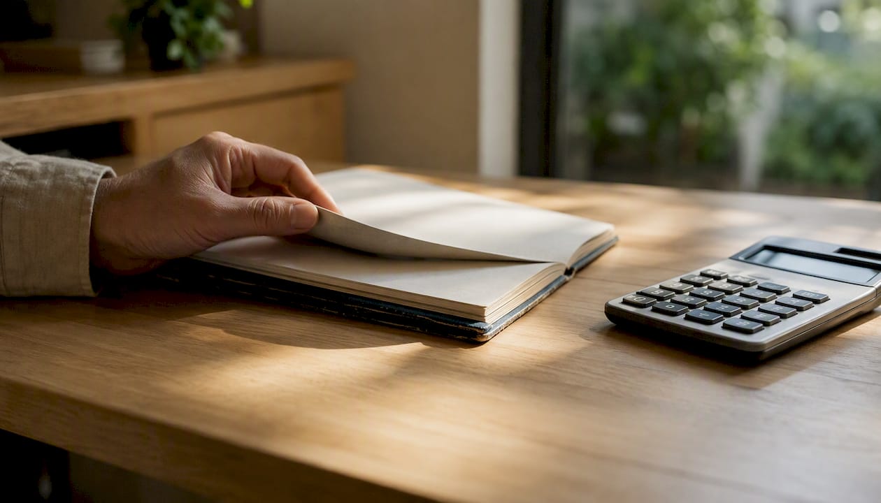 Hand flipping financial ledger page