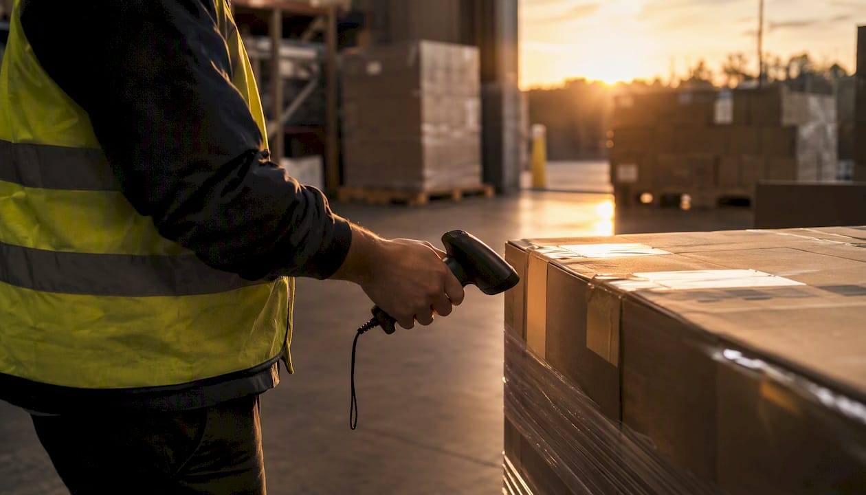 Warehouse worker scanning pallet box label