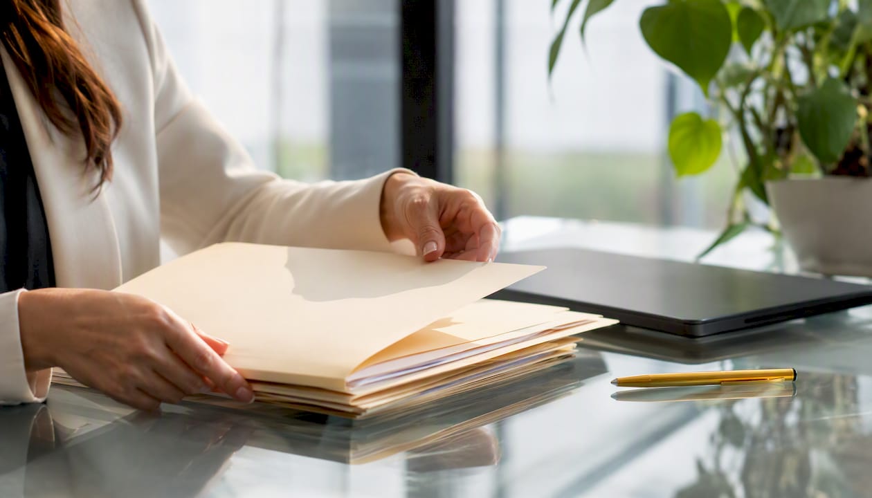Hands organizing blank files for due diligence