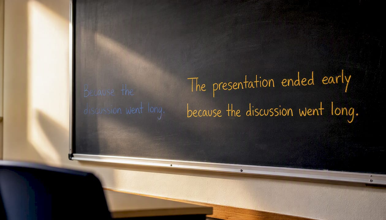 Whiteboard with fragment and corrected sentences