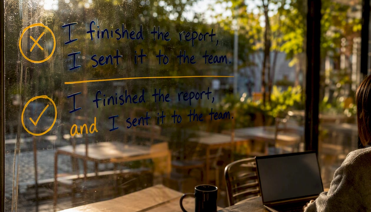 Glass panel showing comma splice and fix