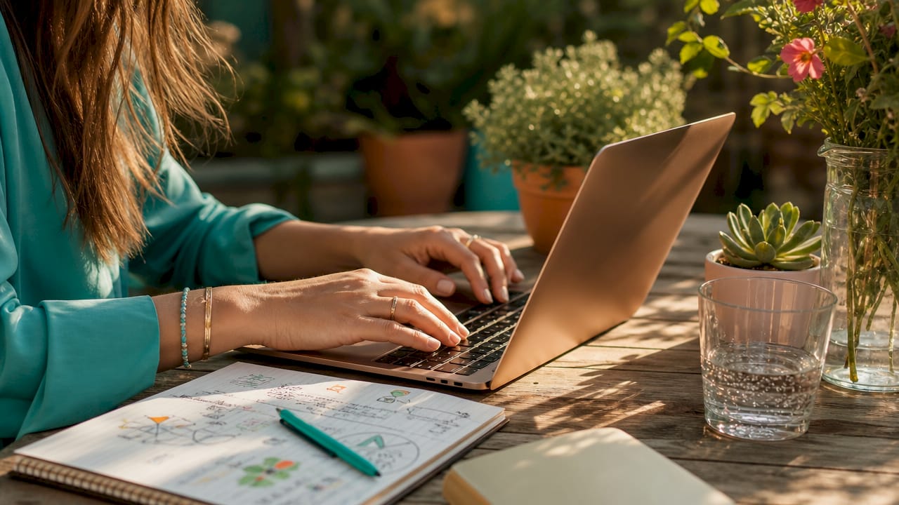 Hands typing on laptop with calendar and coffee