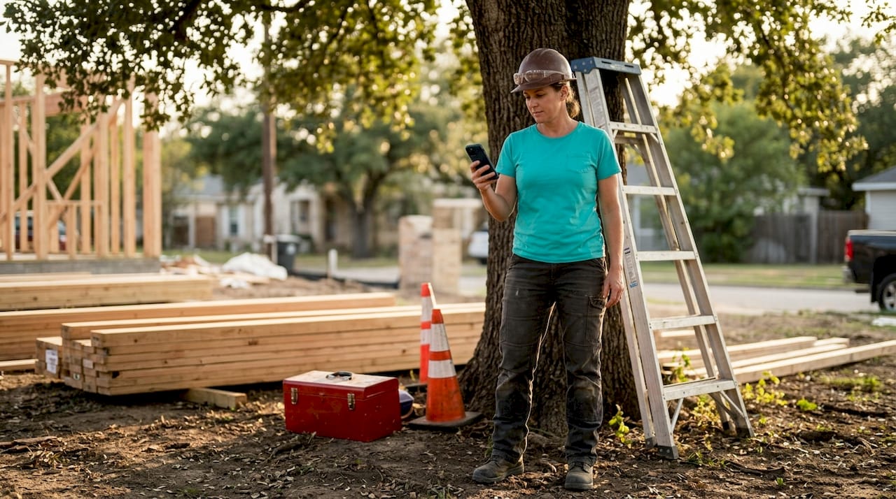 Female tradie using smartphone at job site
